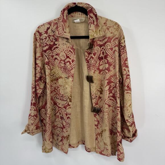 Painted Pony Linen Topper Jacket Boxy Small Boho Batik Print Big Button Artsy - Picture 7 of 10